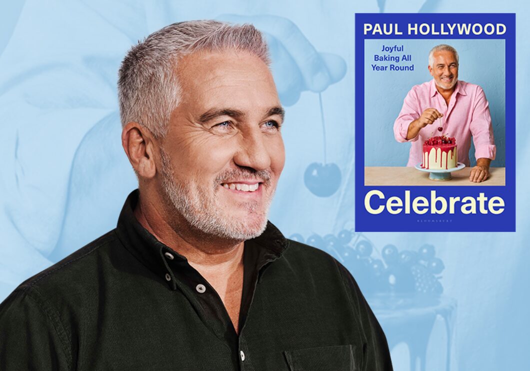 Against a blue background: a headshot of Paul Hollywood beside the cover of his book Celebrate: Joyful Baking All Year Round.
