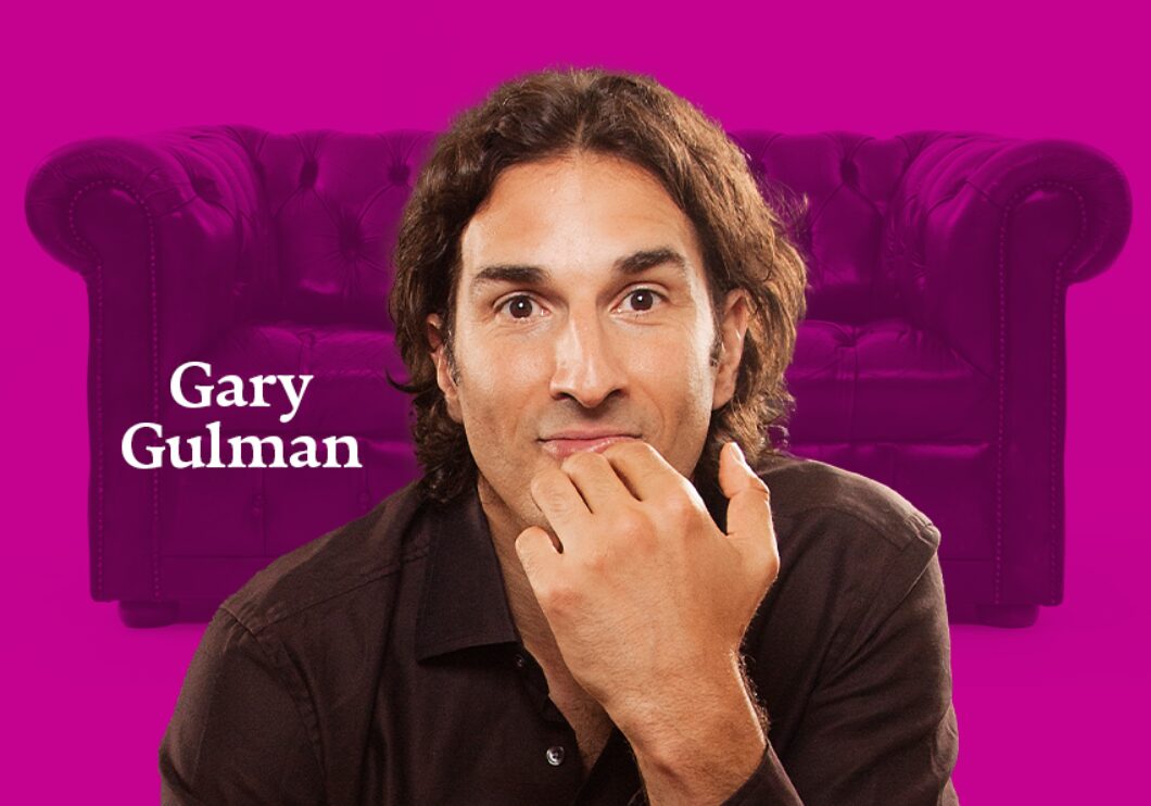 Image of comedian Gary Gulman against a pink background with a couch. Text reads: Gary Gulman