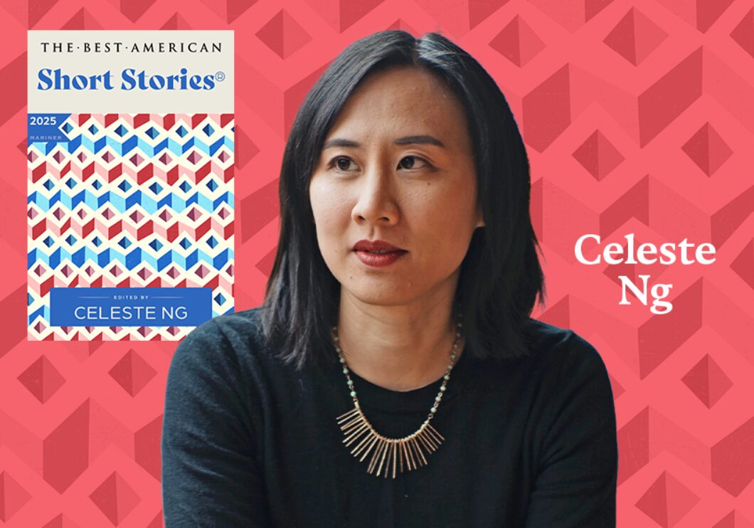 Image of author Celeste Ng next to cover of The 2025 Best American Short Stories collection against a red background. Text reads: Celeste Ng