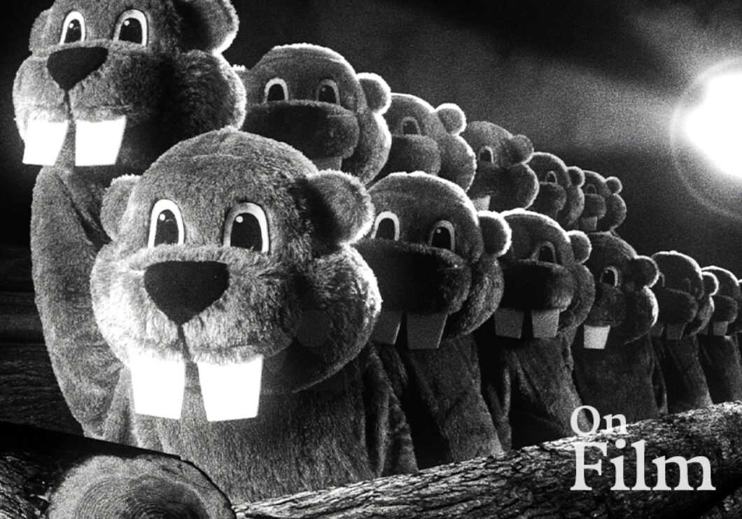 A still from the film Hundreds of Beavers, featuring several beavers in a line.