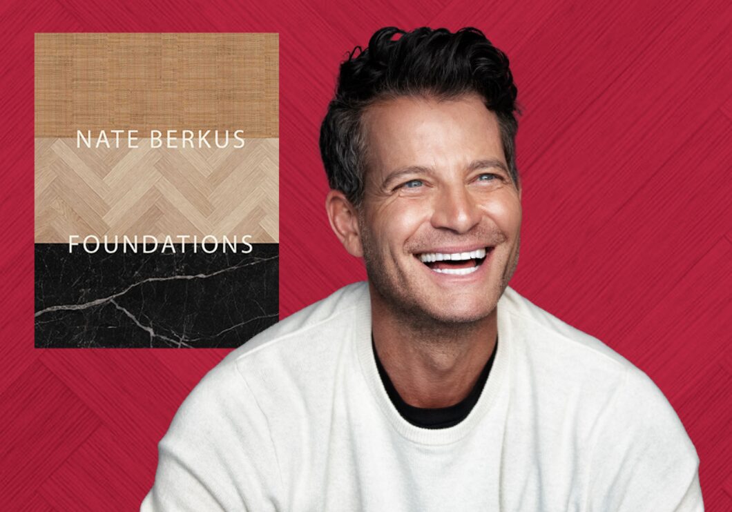 Against a textured red background: a headshot of the artist Nate Berkus. The cover of his book Foundations appears in the upper left.