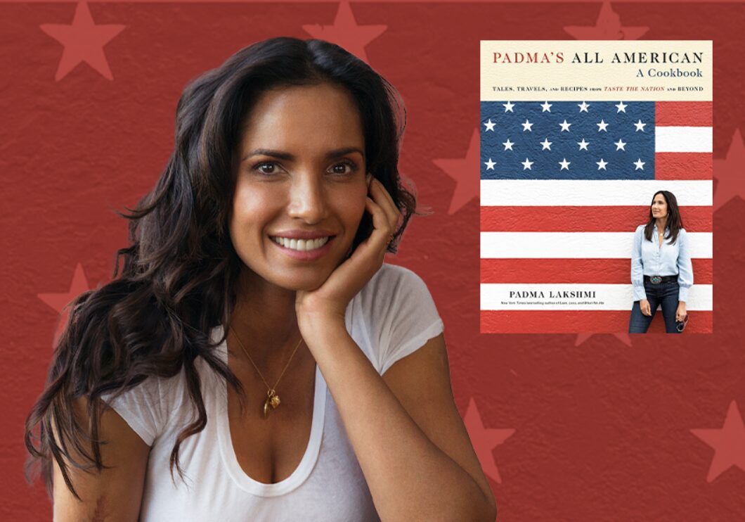 Against a red background decorated with stars: a headshot of Padma Lakshmi. The cover of her book, Padma's All American, appears in the upper right.