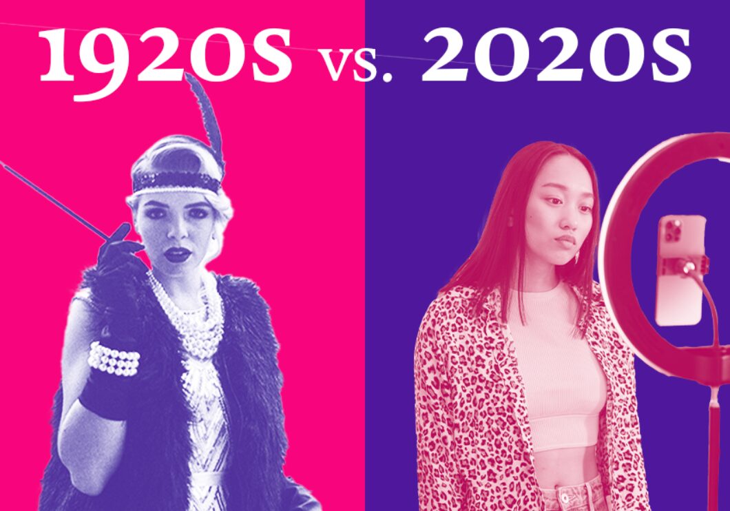 Against a divided pink and blue background: on the left, a woman in 1920s-era flapper clothing poses facing the camera; on the right, a woman in modern dress poses in front of a phone and ring light. White text reading 1920s vs. 2020s. appears at the top of the image.