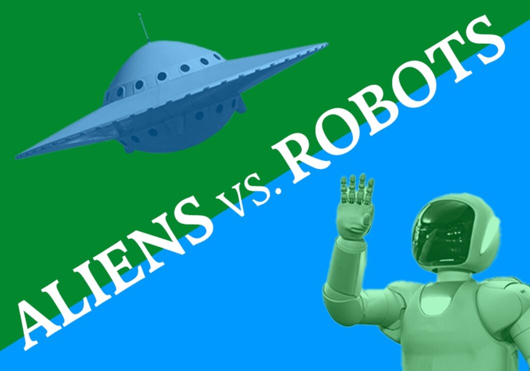 Against a divided green and blue background: a UFO appears in the upper left, and a robot with its arm raised appears in the lower right. White text across the center reads Aliens vs. Robots.
