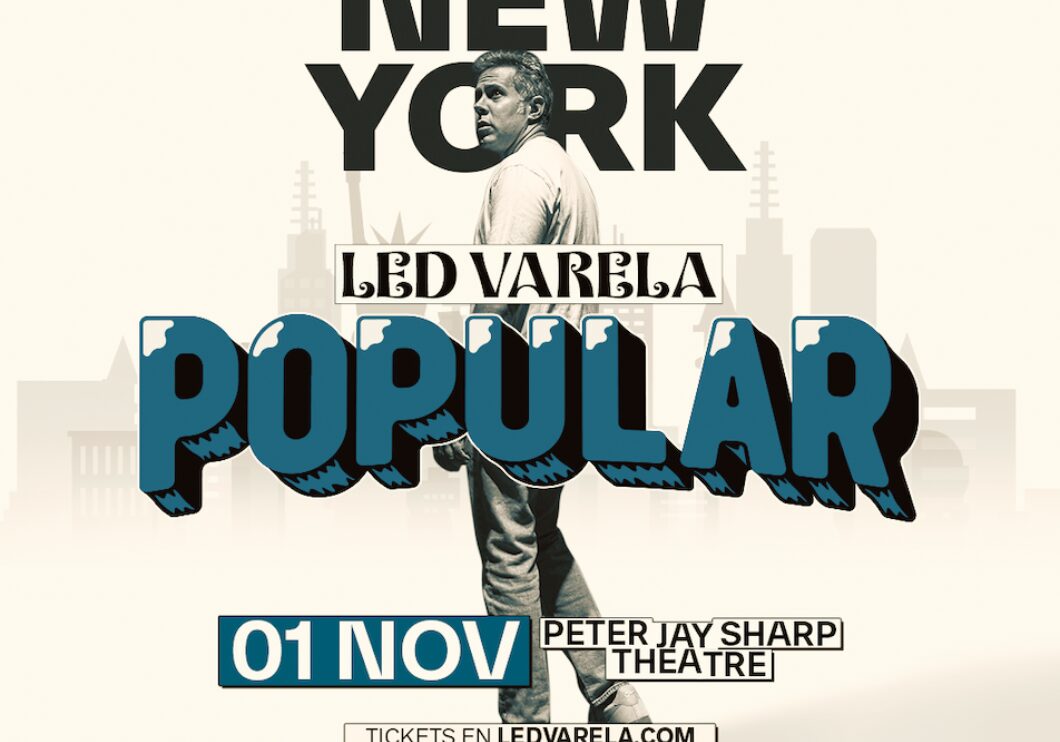Photo of comedian Led Varela in black and white against a sepia background. The show title and logo in blue text appears in front of his silhouette.