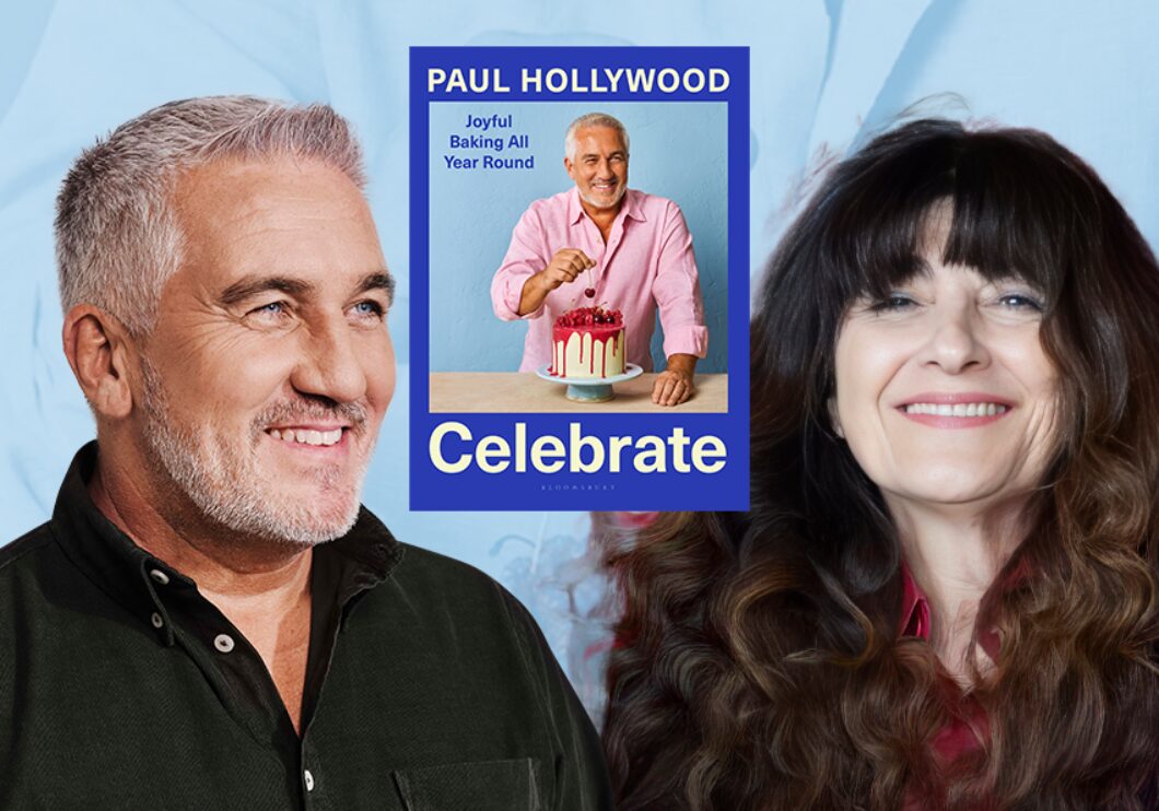 Against a blue background: headshots of Paul Hollywood and Ruth Reichl. Between them in the center: the cover of Hollywood's book Celebrate: Joyful Baking All Year Round.