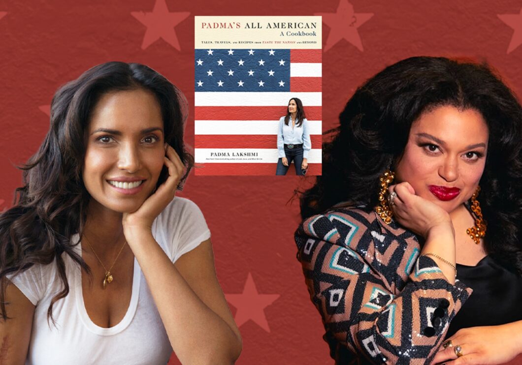 Against a red background decorated with stars: headshots of Padma Lakshmi and Michelle Buteau. The cover of Lakshmi's book, Padma's All American, appears in the center.
