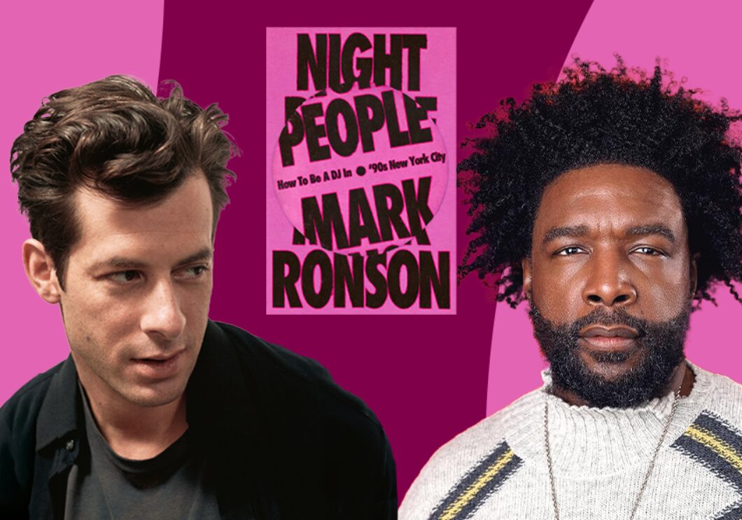 Against a pink and purple background: headshots of Mark Ronson and Questlove. The cover of Ronson's book "Night People" appears in the center.