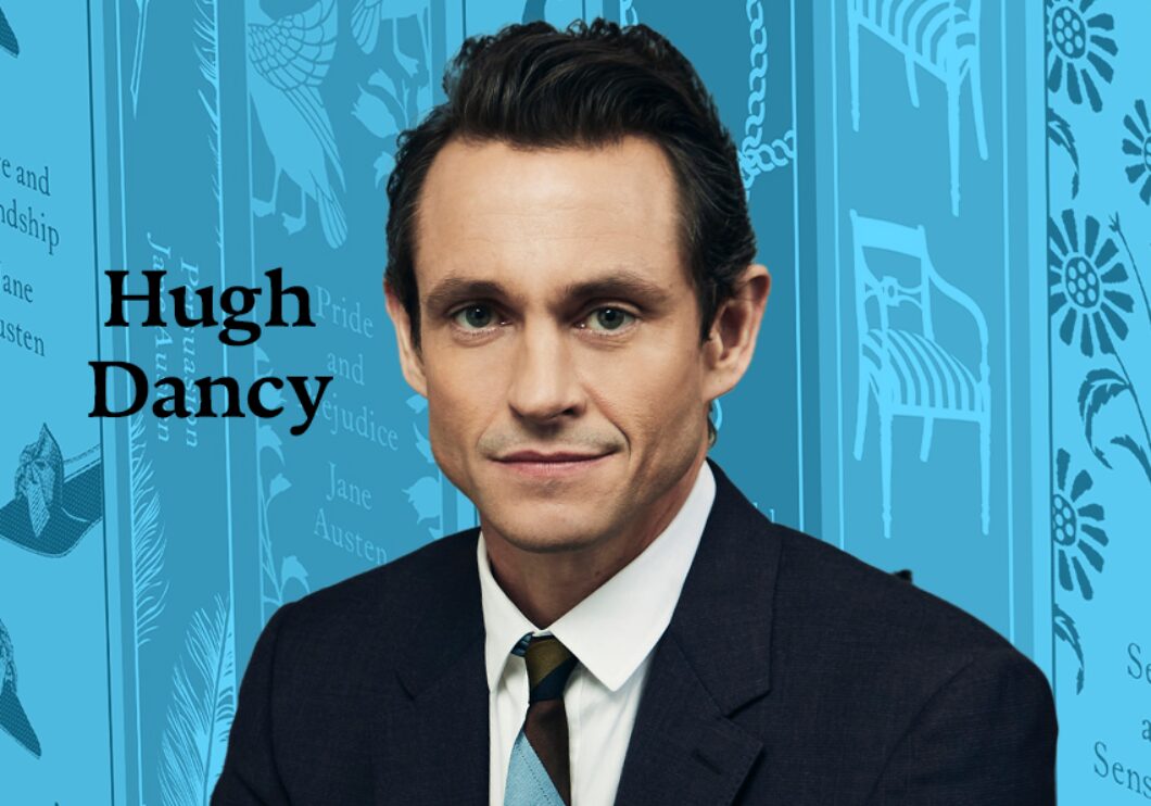 Against a blue background of Jane Austen books: a headshot of actor Hugh Dancy. His name appears in black text on the left side of the image.