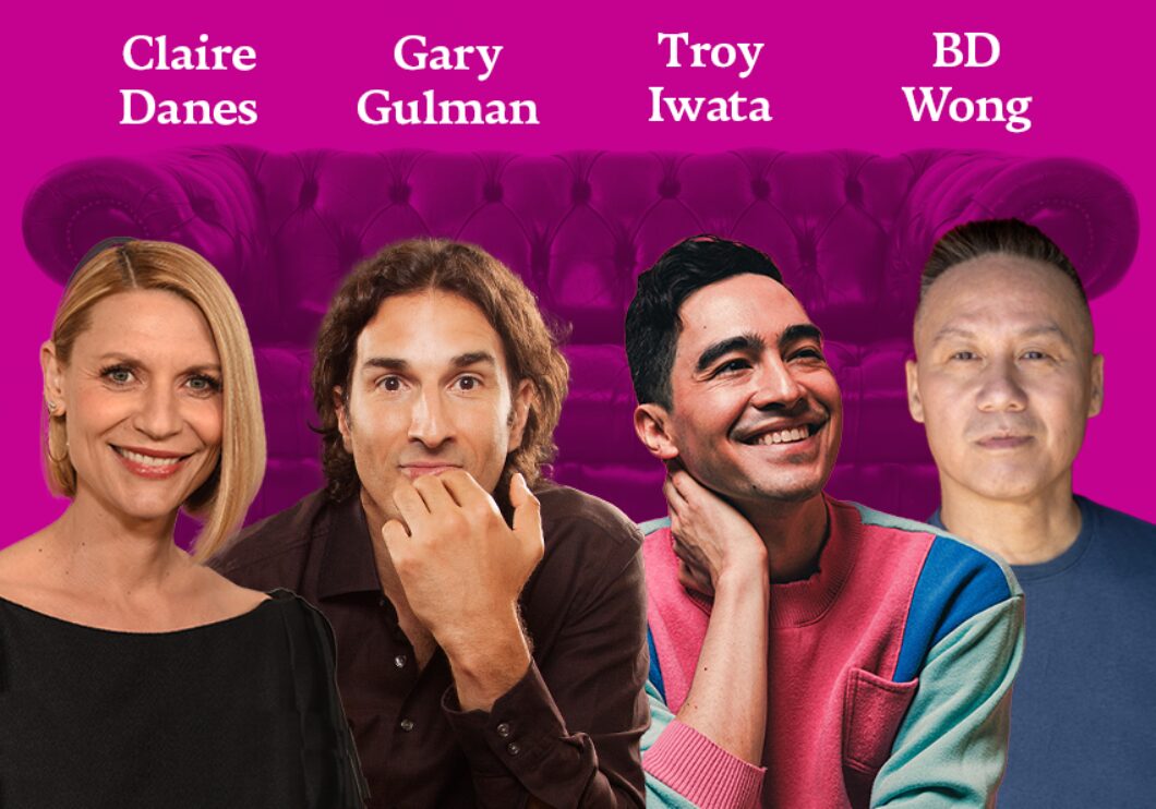Headshots of Claire Danes, Gary Gulman, Troy Iwata, and BD Wong. In the background: the image of a couch, color-corrected to appear purple. The performers' names appear in white text above their headshots.