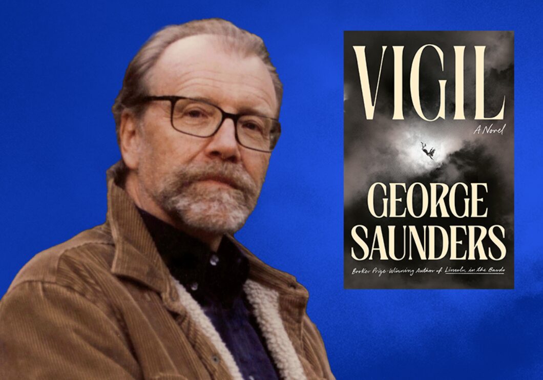 George Saunders photo against a blue background with the Vigil book cover image