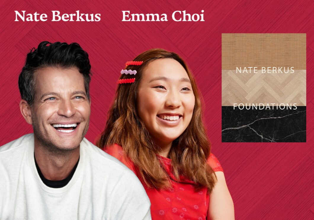 Against a textured red background: a headshot of the artist Nate Berkus and special guest Emma Choi. The cover of his book Foundations appears in the upper left.