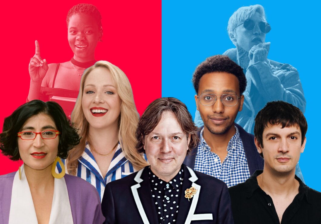 Against a red and blue background: headshots of Negin Farsad, Ariel Dumas, Dave Hill, Sam Kebede, and Josh Sharp.