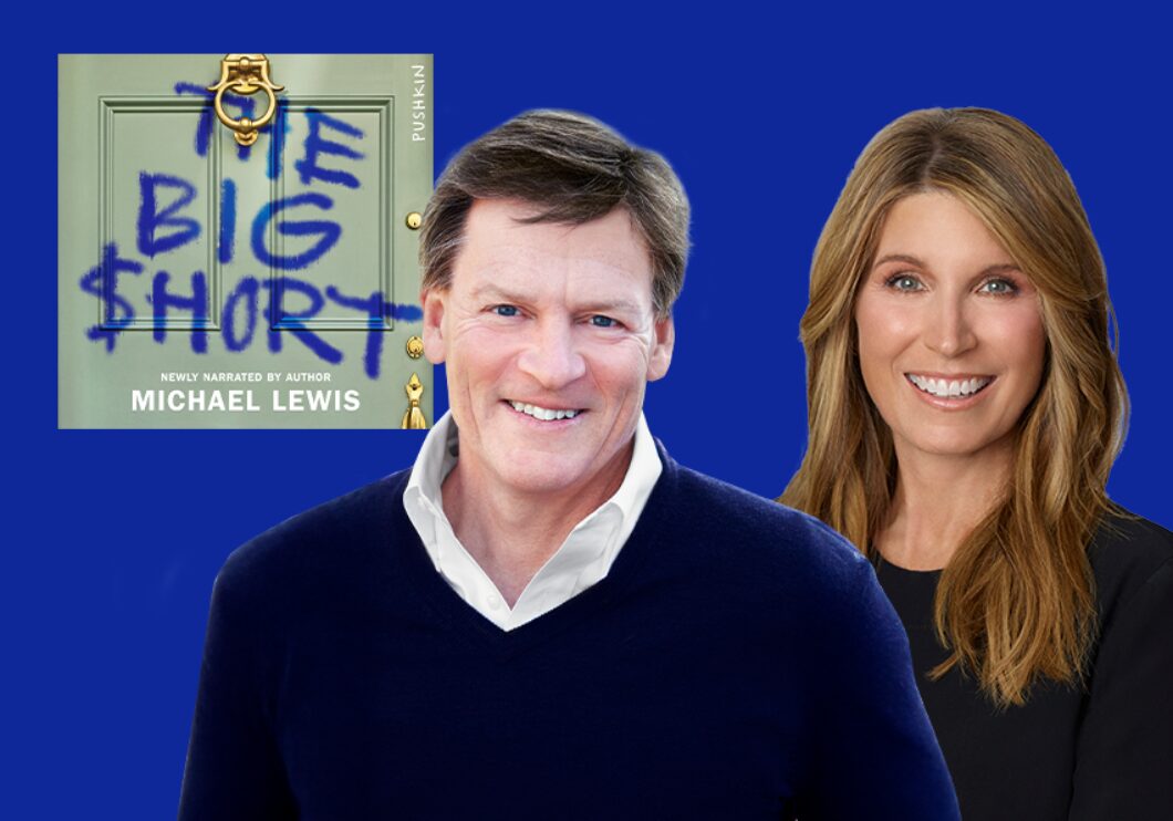 Against a dark blue background: headshots of Michael Lewis and Nicolle Wallace. The new audiobook cover of Lewis's book The Big Short appears in the upper left.