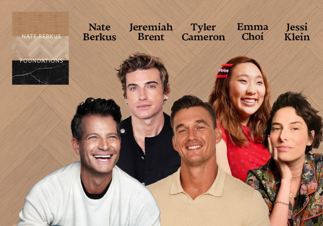 Against a textured brown background: headshots of Nate Berkus, Jeremiah Brent, Tyler Cameron, Emma Choi, and Jessi Klein. The artists' names appear in black text above their headshots. The cover of Berkus's book Foundations appears in the upper left.