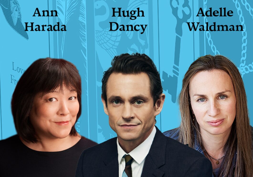 Against a blue-tinted background of Jane Austen books: headshots of Ann Harada, Hugh Dancy, and Adelle Waldman. The artists' names appear in black text above their headshots.