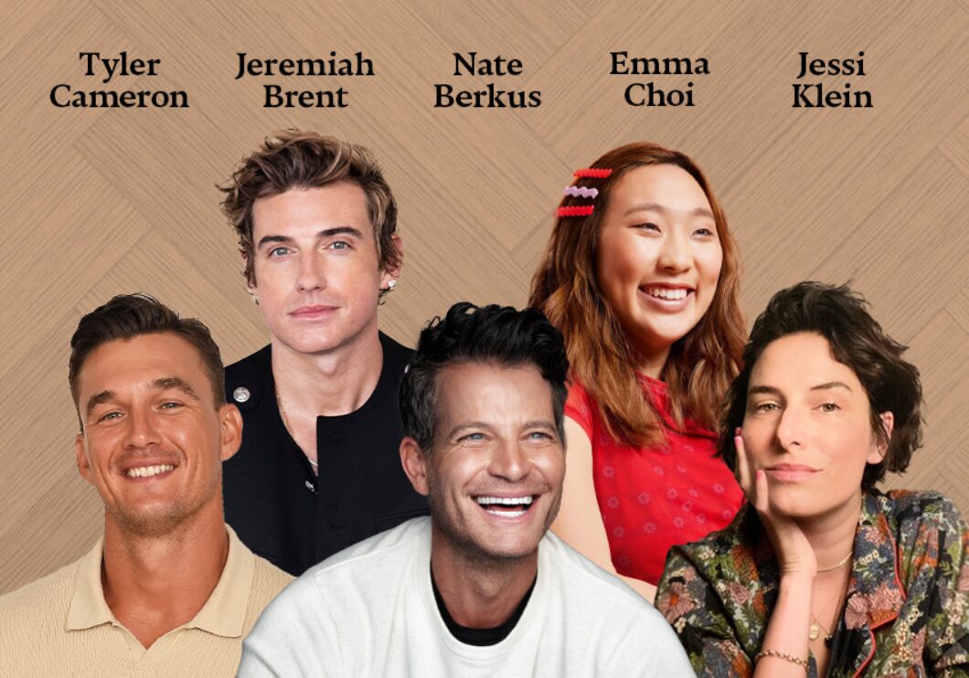 Against a textured brown background: headshots of Nate Berkus, Jeremiah Brent, Tyler Cameron, Emma Choi, and Jessi Klein. The artists' names appear in black text above their headshots. The cover of Berkus's book Foundations appears in the upper left.