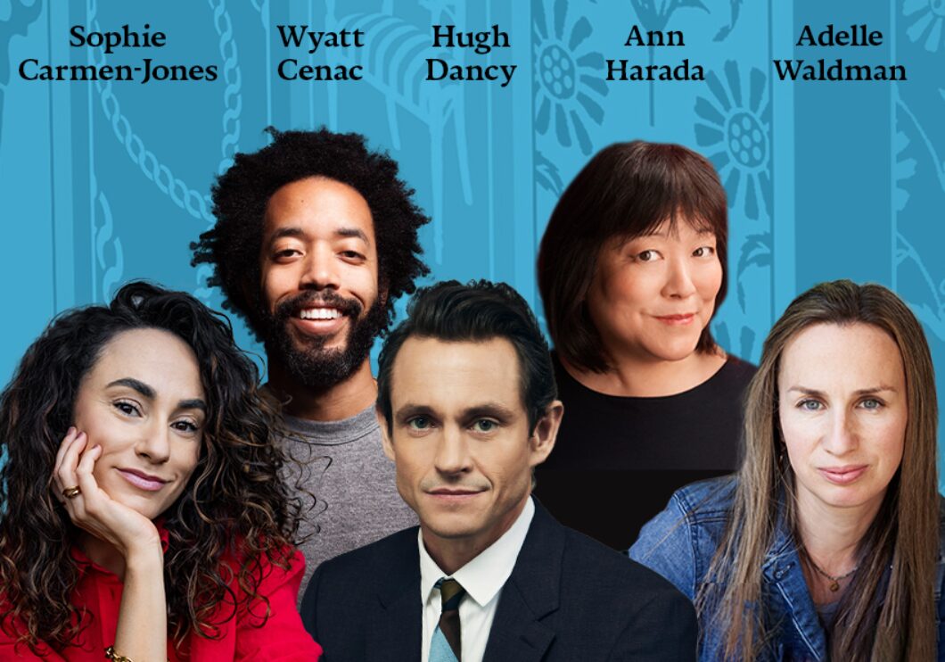Against a blue-tinted background of Jane Austen books: headshots of Sophie Carmen-Jones, Wyatt Cenac, Hugh Dancy, Ann Harada, and Adelle Waldman. The artists' names appear in black text above their headshots.