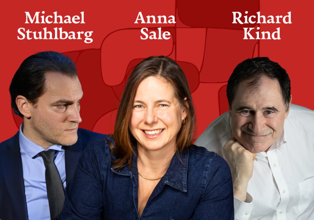 Against a red background with red geometric shapes: headshots of Michael Stuhlbarg, Anna Sale and Richard Kind. The artists' names appear in white text above their headshots.