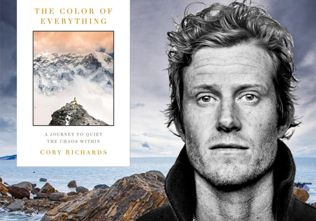 A background image of a glacial landscape. Book cover of Color Of Everything appears on the left side of the image. A black and white headshot photo of author Cory Richards appears on the right.