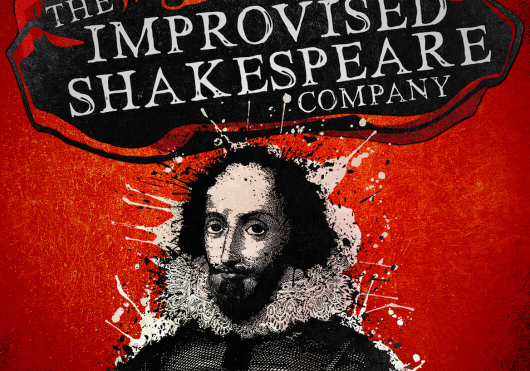 Illustrated black and white portrait of William Shakespeare imposed on a red background. The logo for the Improvised Shakespeare Company appears at the top of the image in white text on a black splash highlight.