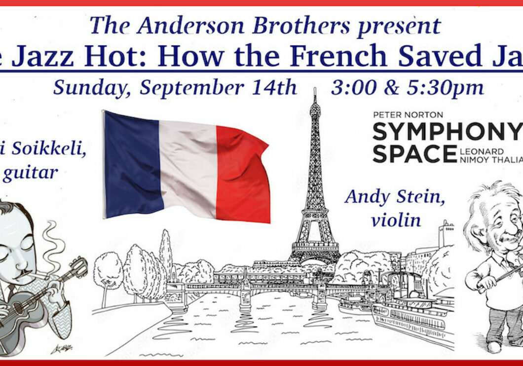 A black and white illustrated poster for "Le Jazz Hot". The French flag appears in color beside caricatures of the musicians and the Eiffel Tower.