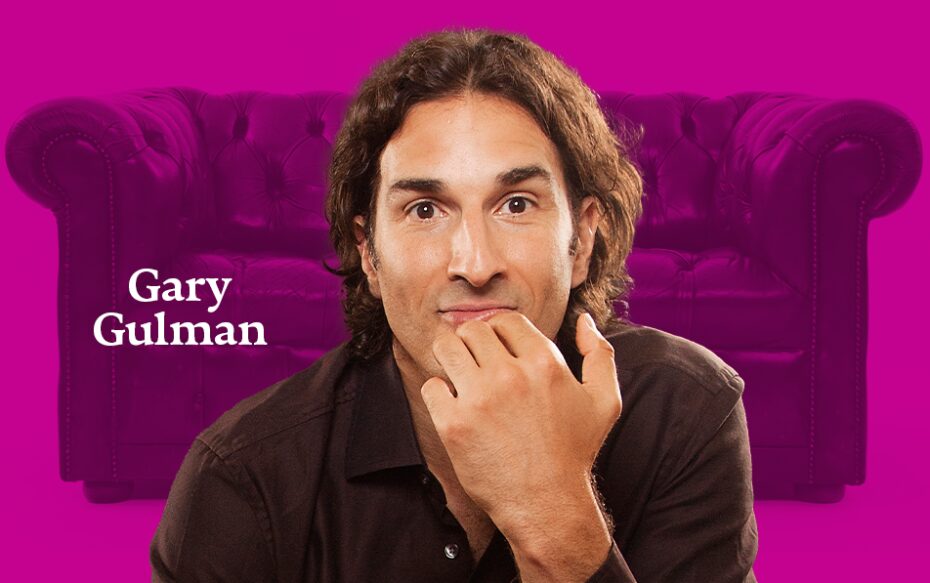 Image of comedian Gary Gulman against a pink background with a couch. Text reads: Gary Gulman