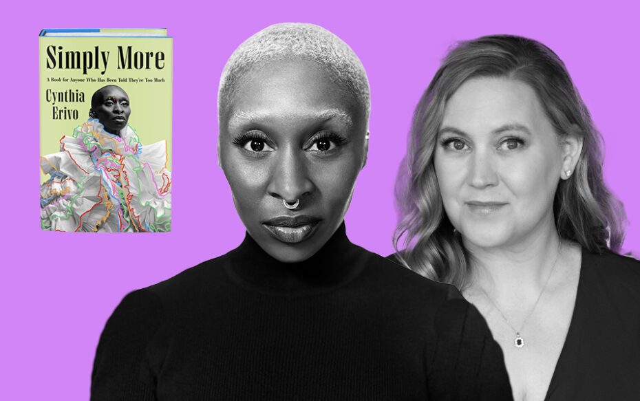 Photos of Cynthia Erivo, Rebecca Yarros, and Erivo's book Simply More against a purple background.