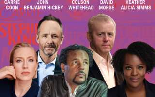 Headshots of Carrie Coon, John Benjamin Hickey, Colson Whitehead, David Morse, and Heather Alicia Simms, with text of their names above. Visible in the background, in purple and red: covers of the Stephen King novels.