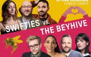 Text: Uptown Showdown Comedy Debate. Swifties vs. The BeyHive. Against a bisected yellow and pink background, we see headshots of the featured comedians. Top row, left to right: Sophie Zucker, Josh Gondelman, and Gabe Mollica, next to two hands forming a heart. Bottom row, from left to right, next to a honeybee: Kevin Townley, Sydney Duncan, Michael Hartney, and Chloe Troast.