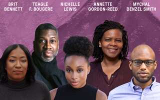 Headshots of Brit Bennett, Teagle F. Bougere, Nichelle Lewis, Annette Gordon-Reed, and Mychel Denzel Smith against a purple background. White text above the images lists the artists' names.