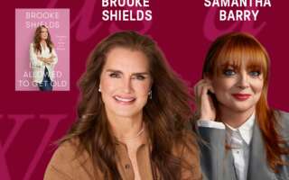 Against a magenta background: the cover of the book "Brooke Shields Is Not Allowed to Get Old" beside headshots of Brooke Shields and Samantha Barry. The artists' names appear in white text above their headshots.