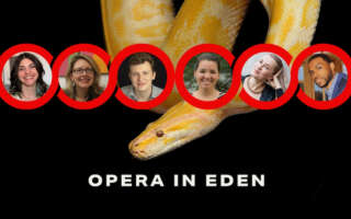 A yellow snake hanging from a branch over a black background. Six headshots of the performers appear above the show title in white text.