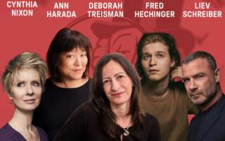 Against a red background: headshots of Cynthia Nixon, Ann Harada, Deborah Treisman, Fred Hechinger, and Liev Schreiber. The artist's names appear in white text above their headshots.