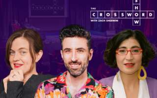 Against a purple background: headshots of Emily Flake, Zach Sherwin, and Negin Farsad. The logo of The Crossword Show appears in white text in the upper left of the image.