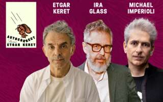 Against a purple background: headshots of Etgar Keret, Ira Glass, and Michael Imperioli beside the cover of Keret's book Autocorrect. The artists' names are above their headshots in white text.