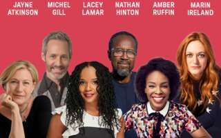 Against a pink background: headshots of Jayne Atkinson, Michel Gill, Lacey Lamar, Nathan Hinton, Amber Ruffin, and Marin Ireland. The artists' names appear in white text above their headshots.