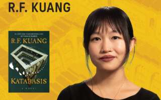 Against a golden yellow background: headshot of author R. F. Kuang. The author's names appear in black text above her headshot. The cover of R. F. Kuang's novel "Katabasis" appears to the left of her photo.
