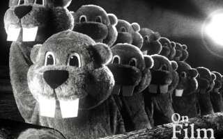 A still from the film Hundreds of Beavers, featuring several beavers in a line.