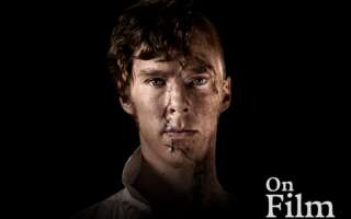 Benedict Cumberbatch in Frankenstein. His face is stitched up.