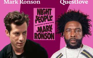 Against a pink and purple background: headshots of Mark Ronson and Questlove. The cover of Ronson's book "Night People" appears in the center, and the artists' names appear in white text above their headshots.
