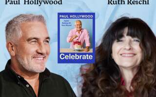 Against a blue background: headshots of Paul Hollywood and Ruth Reichl. Between them in the center: the cover of Hollywood's book Celebrate: Joyful Baking All Year Round, and the artists' names appear in black text above their headshots.