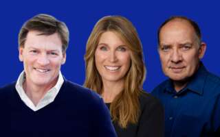 Against a blue background: headshots of Michael Lewis, Nicolle Wallace, and Zach Grenier.
