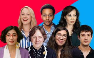 Against a bisected red and blue background: headshots of Ariel Dumas, Sam Kebede, Kate Rigg, Negin Farsad, Dave Hill, Alison Leiby, and Josh Sharp.