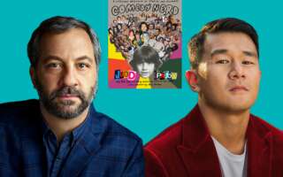 Image of Judd Apatow & Ronny Chieng against a turquoise background next to cover of Apatow's book Comedy Nerd