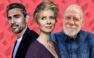 Against a patterned red background: headshots of Ivan Hernandez, Cynthia Nixon, and Richard Masur.