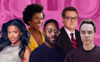 Renée Elise Goldsberry, Roslyn Ruff, James IJames, Chris Hayes, and Jim Parsons against a pink background with a table and dinner plates in the background