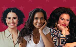 Against a red background decorated with stars: headshots of Ilana Glazer, Padma Lakshmi, and Michelle Buteau.