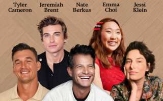 Against a textured brown background: headshots of Nate Berkus, Jeremiah Brent, Tyler Cameron, Emma Choi, and Jessi Klein. The artists' names appear in black text above their headshots. The cover of Berkus's book Foundations appears in the upper left.