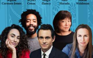 Against a blue-tinted background of Jane Austen books: headshots of Sophie Carmen-Jones, Wyatt Cenac, Hugh Dancy, Ann Harada, and Adelle Waldman. The artists' names appear in black text above their headshots.